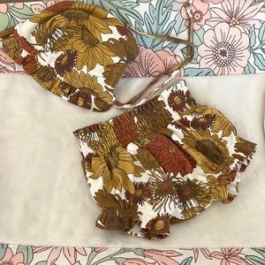 Vintage floral smocked waist bloomers and bonnet (3-6m)